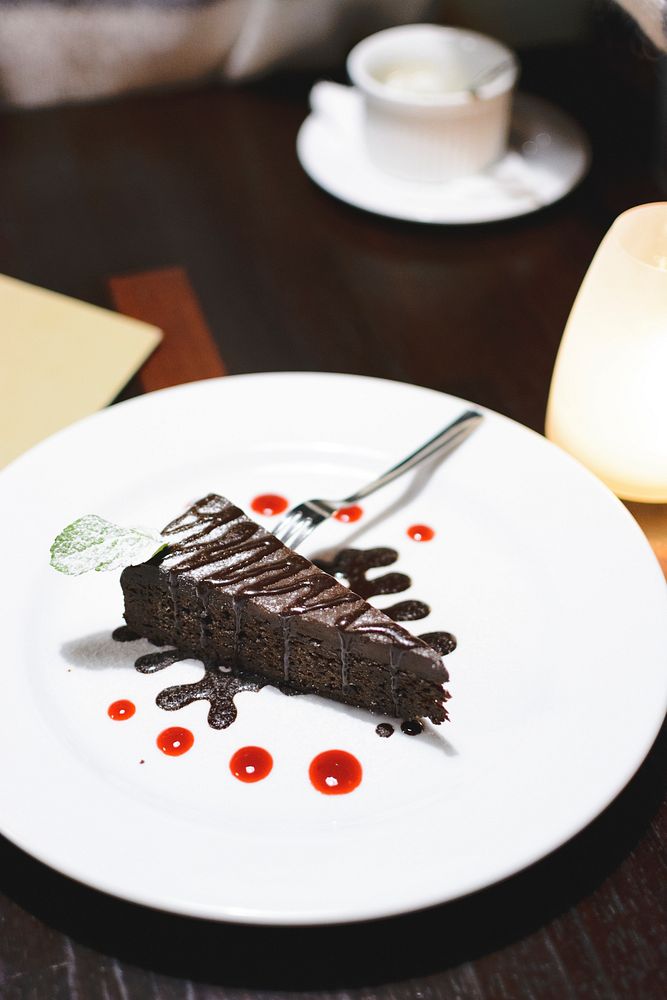 Chocolate cake in a restaurant