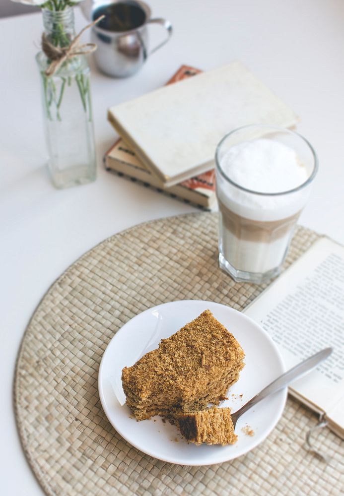 Traditional Czech honey cake with cafe latte