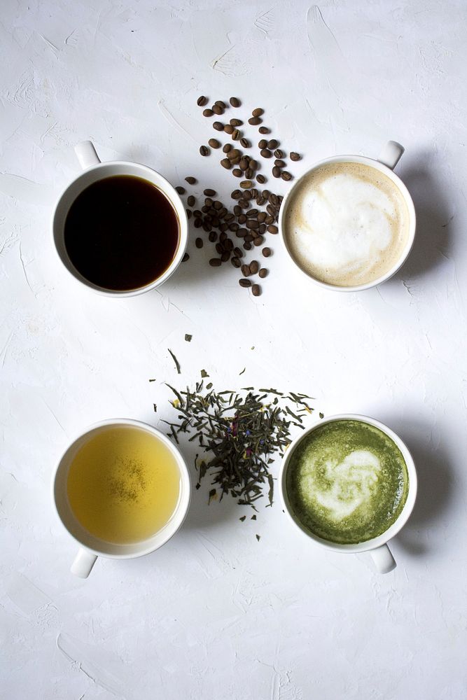 Free four hot drinks top view photo, public domain beverage CC0 image.