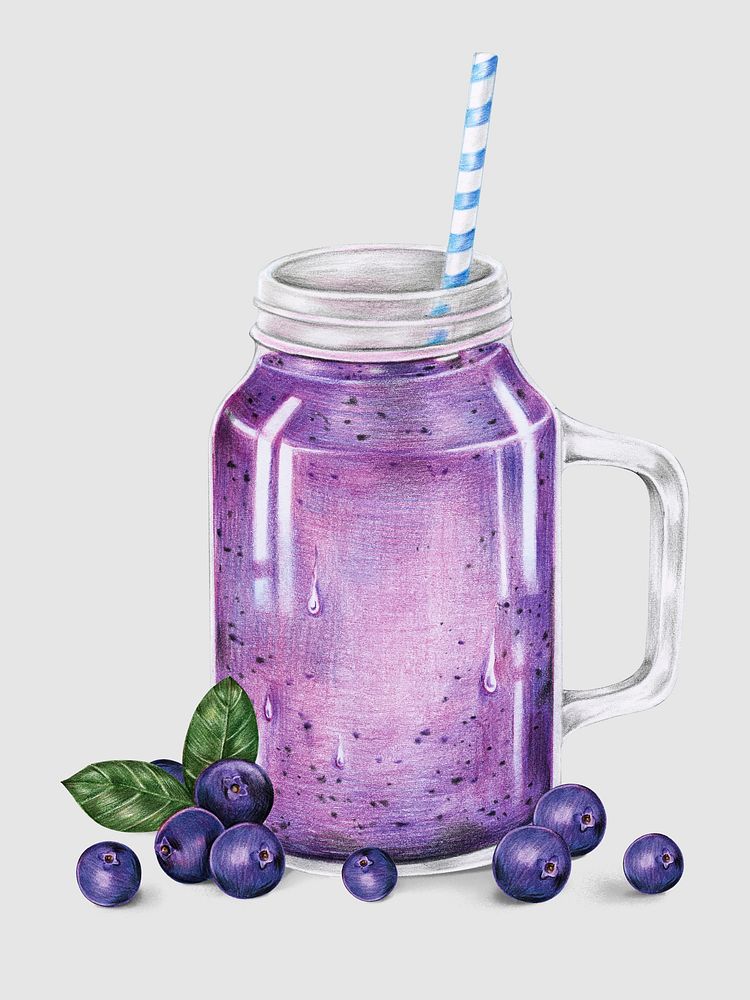 Illustration of a glass of blueberry smoothie watercolor style