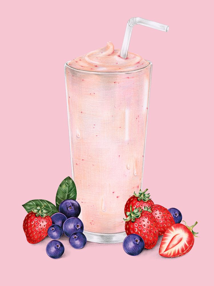Illustration of isolated glass of mixed berry smoothie watercolor style