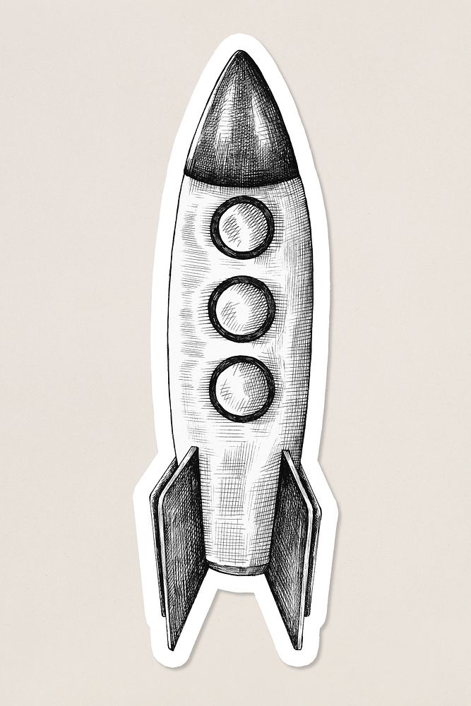 Vintage cartoon rocket sticker black and white