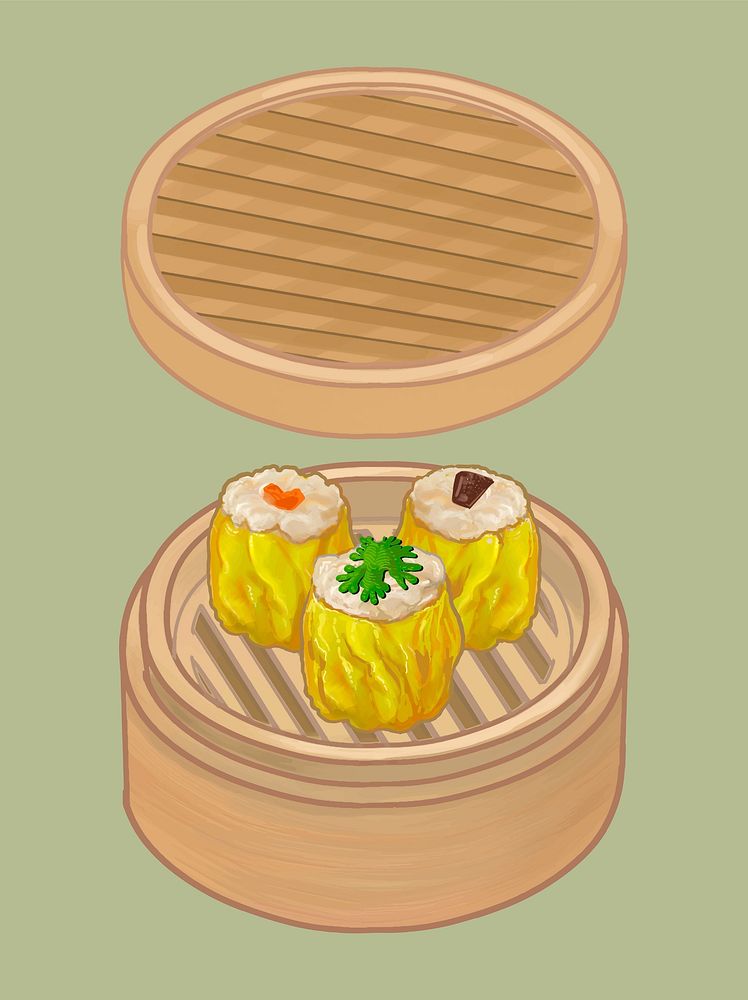 Chinese dumplings in a bamboo steamer illustration