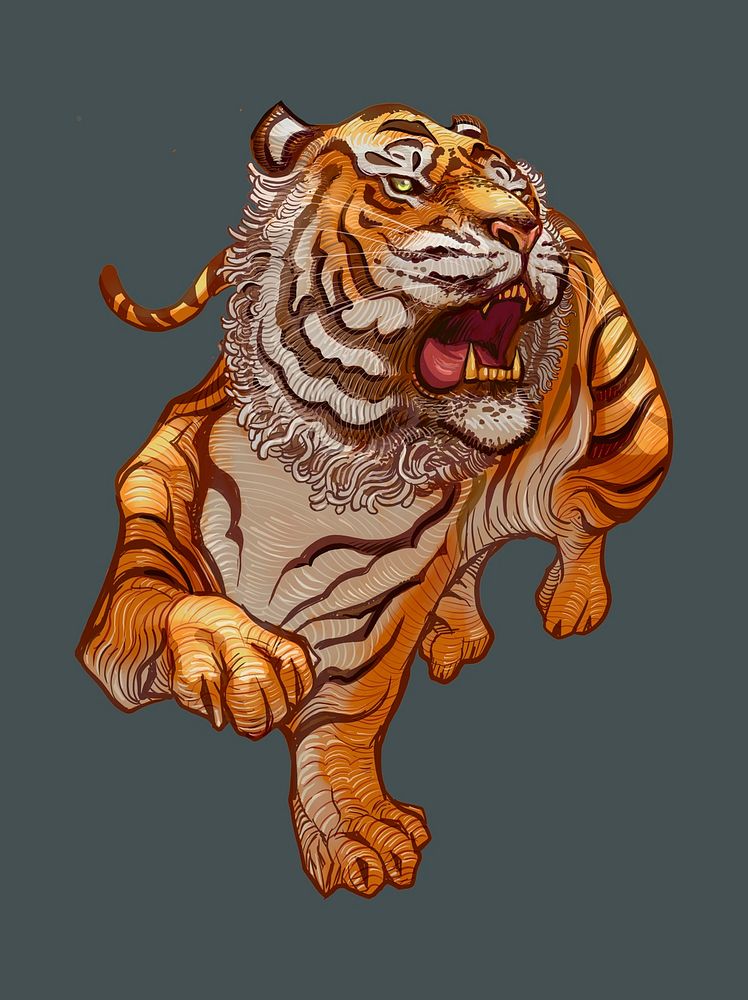 Roaring Japanese tiger hand-drawn illustration