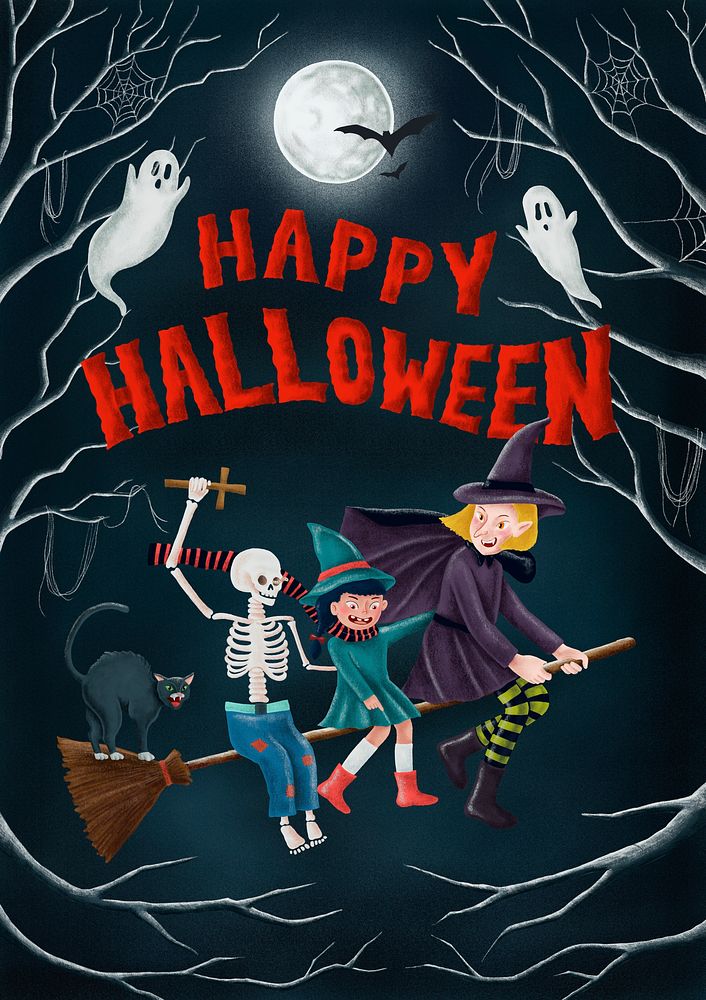 Happy Halloween with skeleton and witches