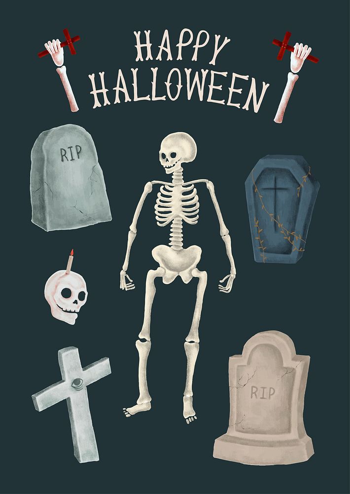 Happy Halloween graveyard and skulls illustration