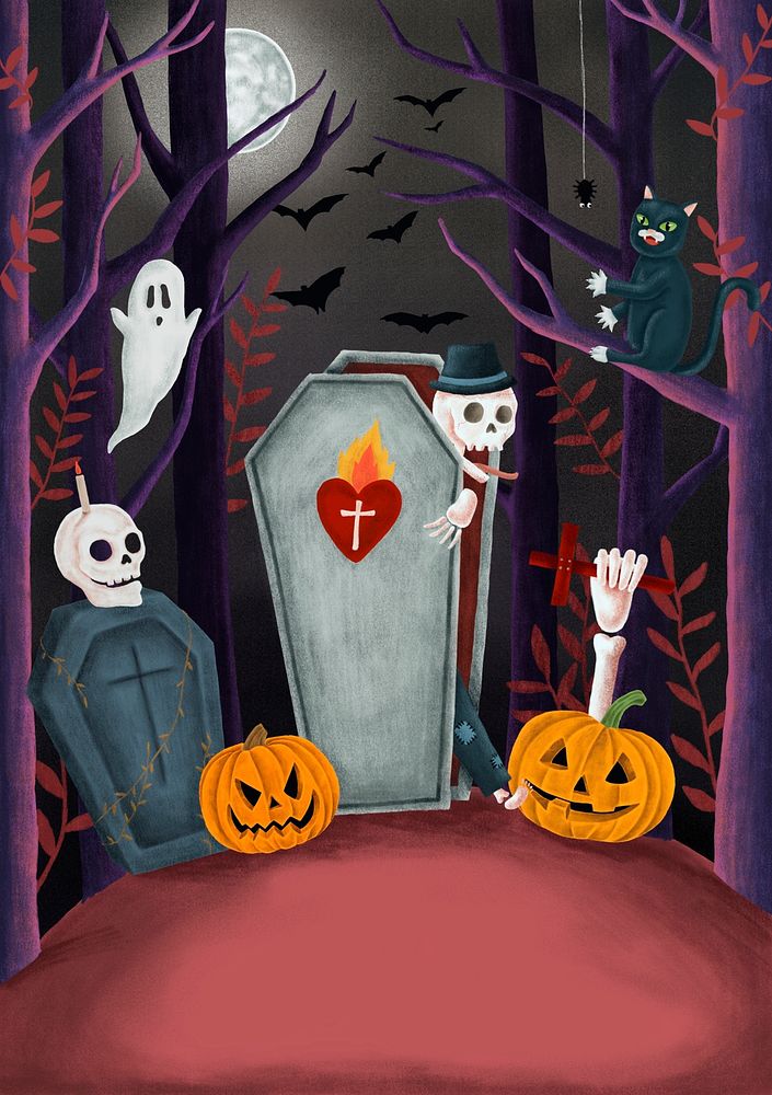 Hand drawn ghost at graveyard during Halloween