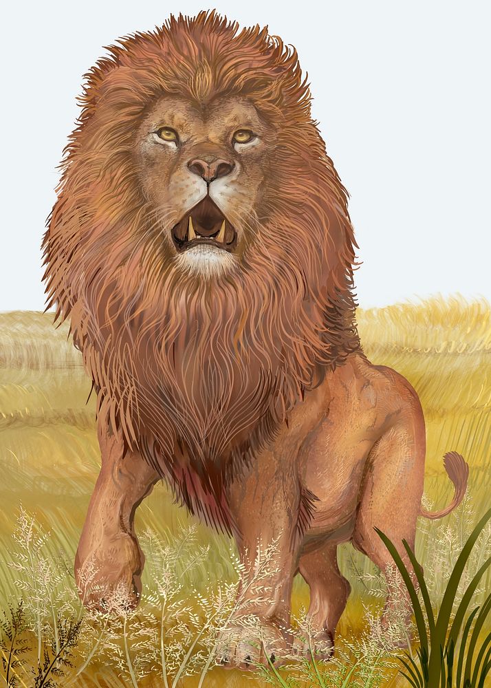 Almighty roaring lion in the jungle illustration