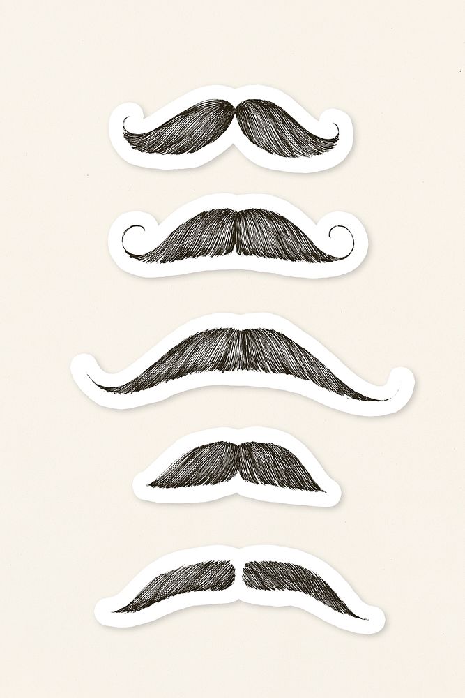 Hand drawn moustache sticker with a white border set