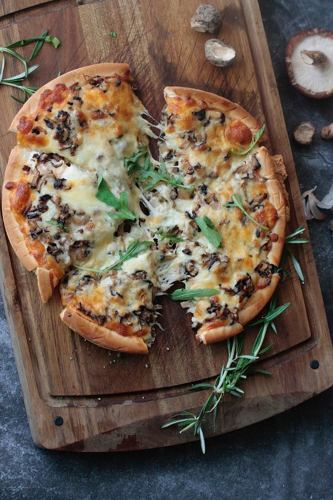 Free pizza with cheese and mushrooms image, public domain food CC0 photo.
