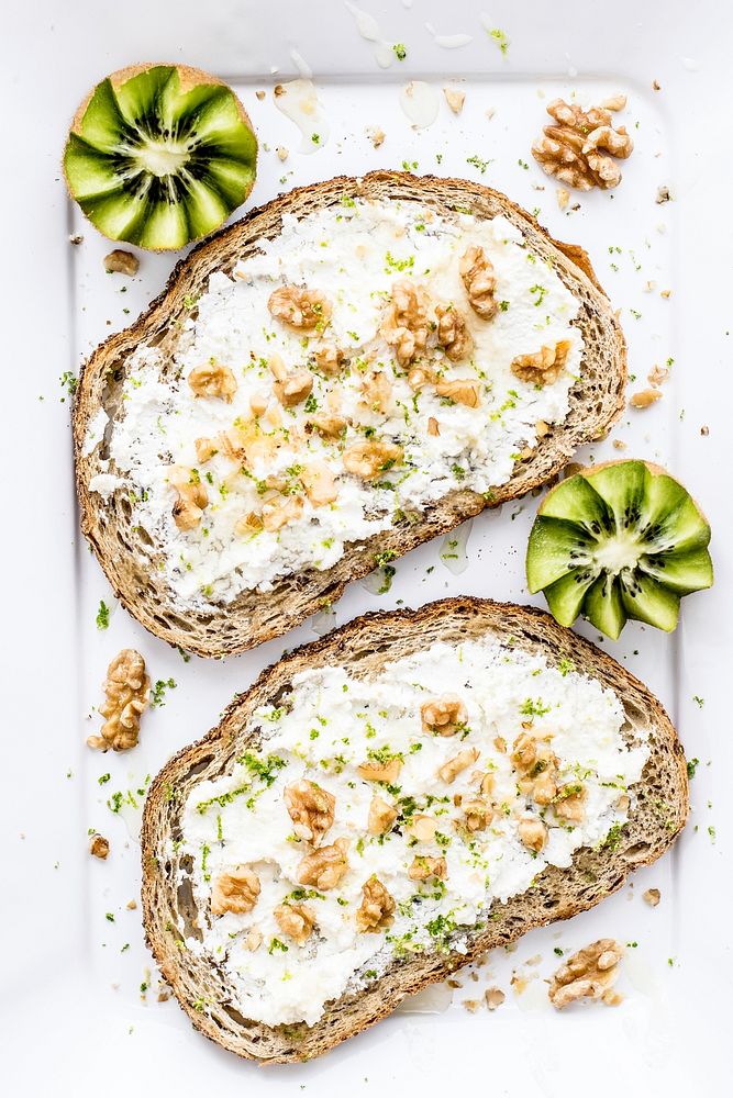 Free toasted bread with soft cheese, walnuts and honey image, public domain food CC0 photo.