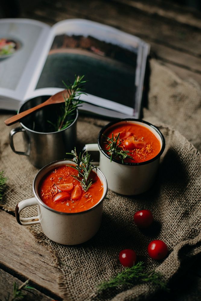 Free tomato soup in a tin mug image, public domain food CC0 photo.