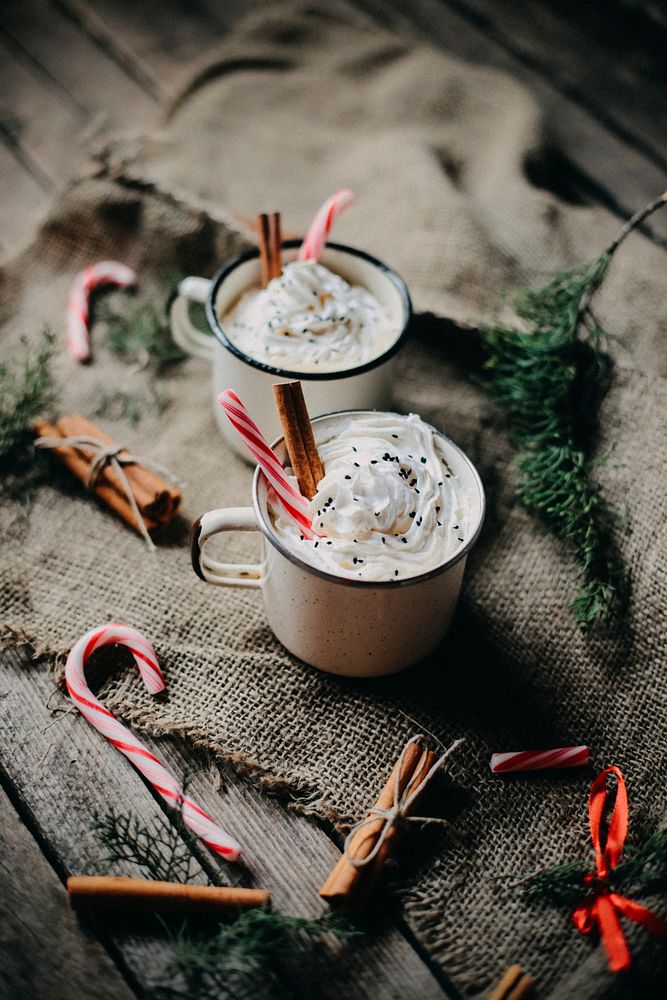 Free hot chocolate, cream, dried cinnamon, winter Christmas theme photo, public domain beverage CC0 image.