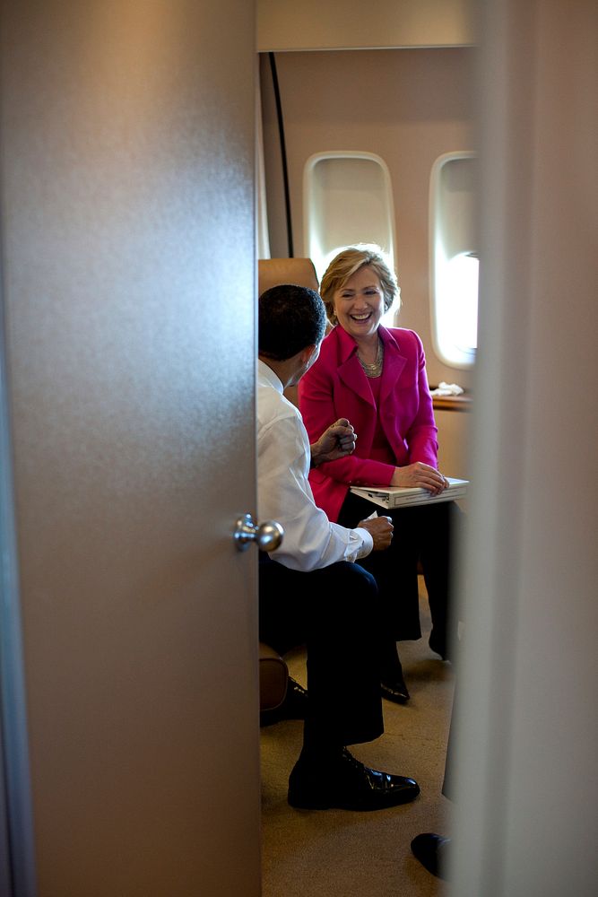 April 3, 2009: &ldquo;Aboard Air Force One, the President talks with Secretary of State Hillary Clinton en route to France.…