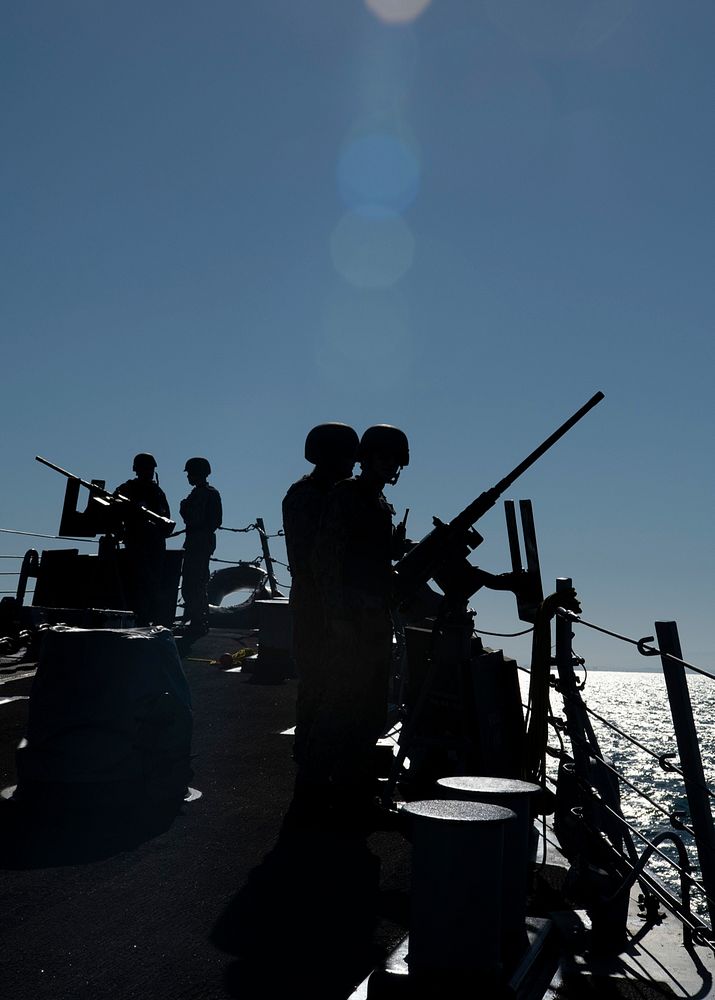 ROTA, Spain (May 21, 2019) &ndash; Sailors man .50-caliber machine gun stations as the Arleigh Burke-class guided-missile…
