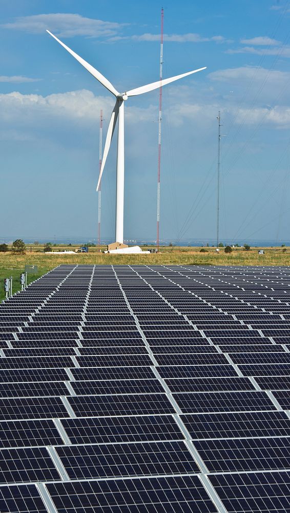 A multi-megawatt wind turbine and one megawatt pv field work together to produce energy at NREL's National Wind Technology…