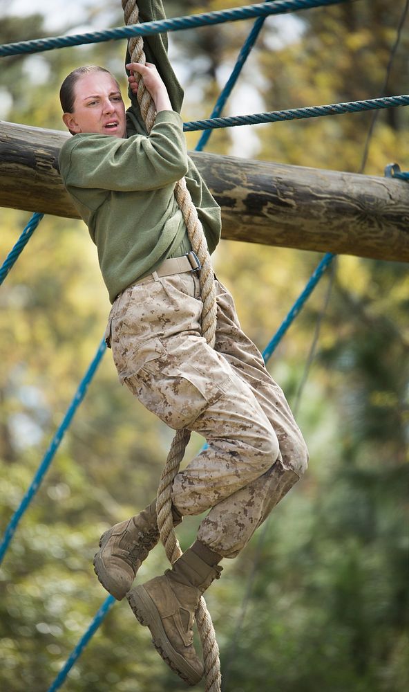 U.S. Marine Corps recruit Kimberlyn Adams, Platoon 4010, Oscar Company, 4th Recruit Training Battalion, climbs a rope on a…