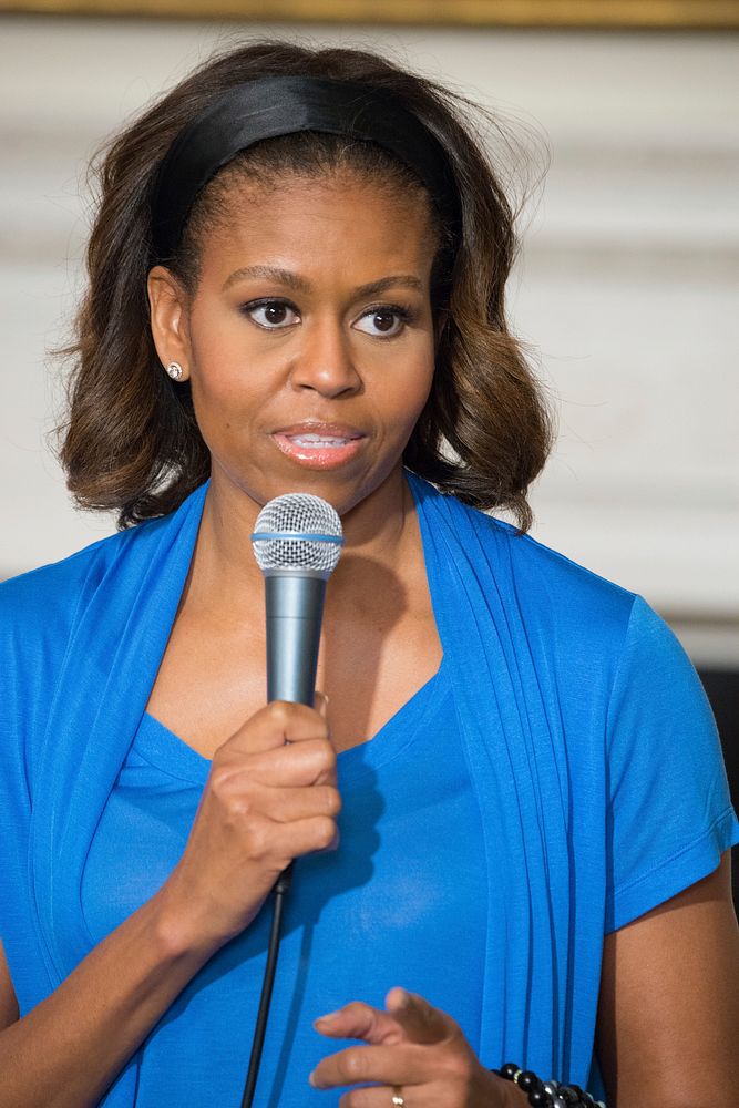 First Lady Michelle Obama speaks about the importance of healthy meals and exercise to Washington, D.C. students from…