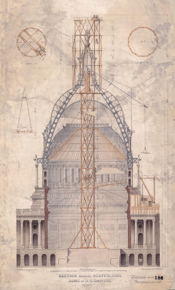 Section Showing Scaffolding Design 1863, U.S. Capitol Dome. Pen, Ink and watercolor. Original plan for raising Statue of…