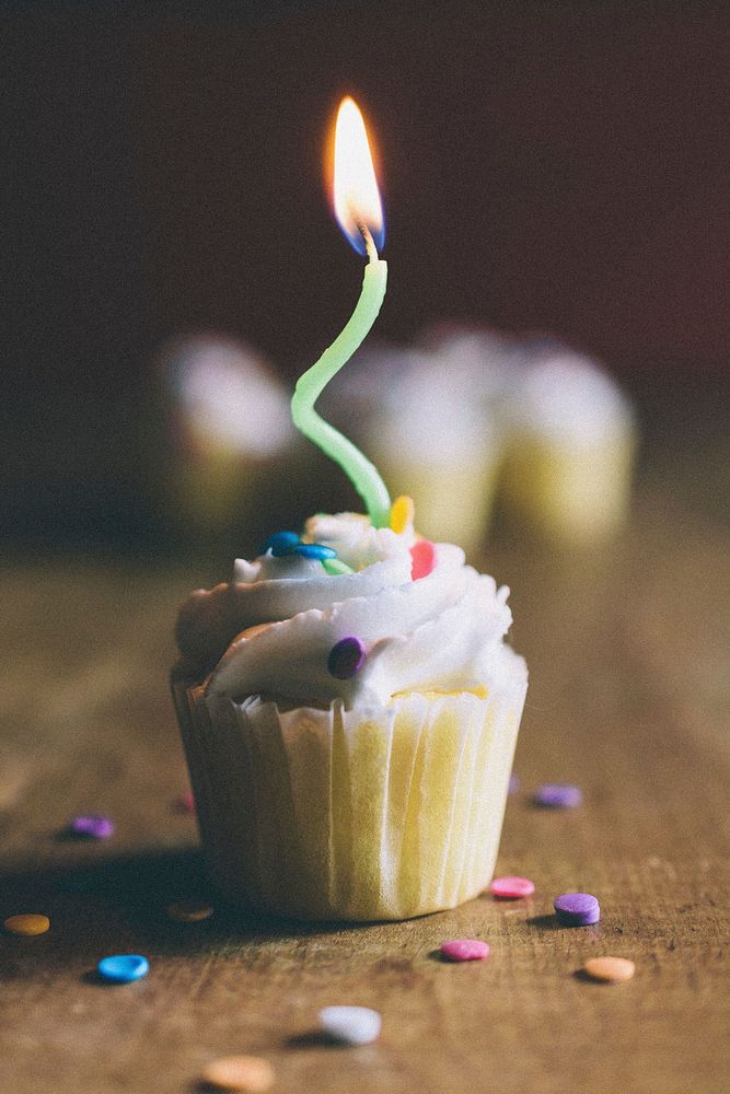 Birthday lit candle muffin. Free public domain CC0 photo.