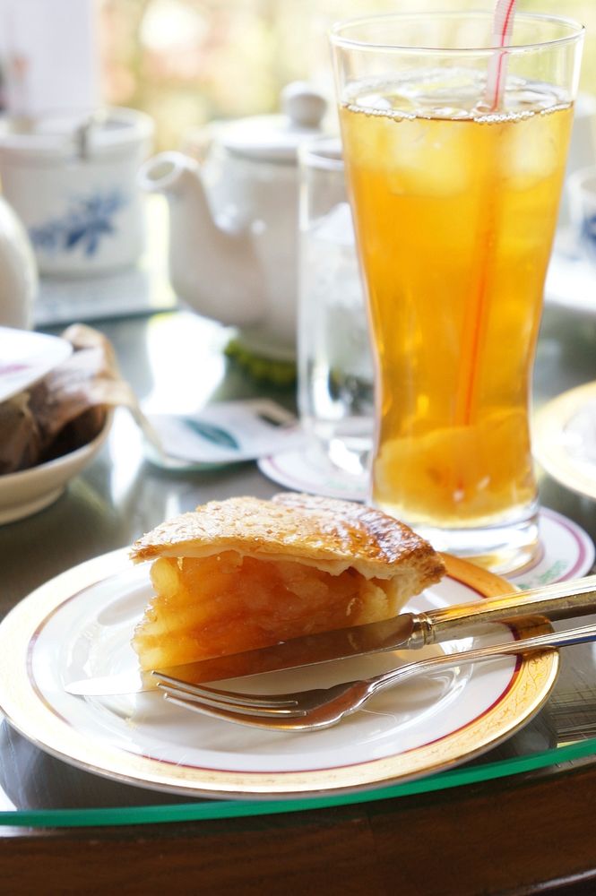 Apple pie with drink. Free public domain CC0 photo.