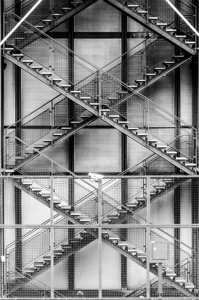 Symmetrical steel staircase architecture. Free public domain CC0 image.