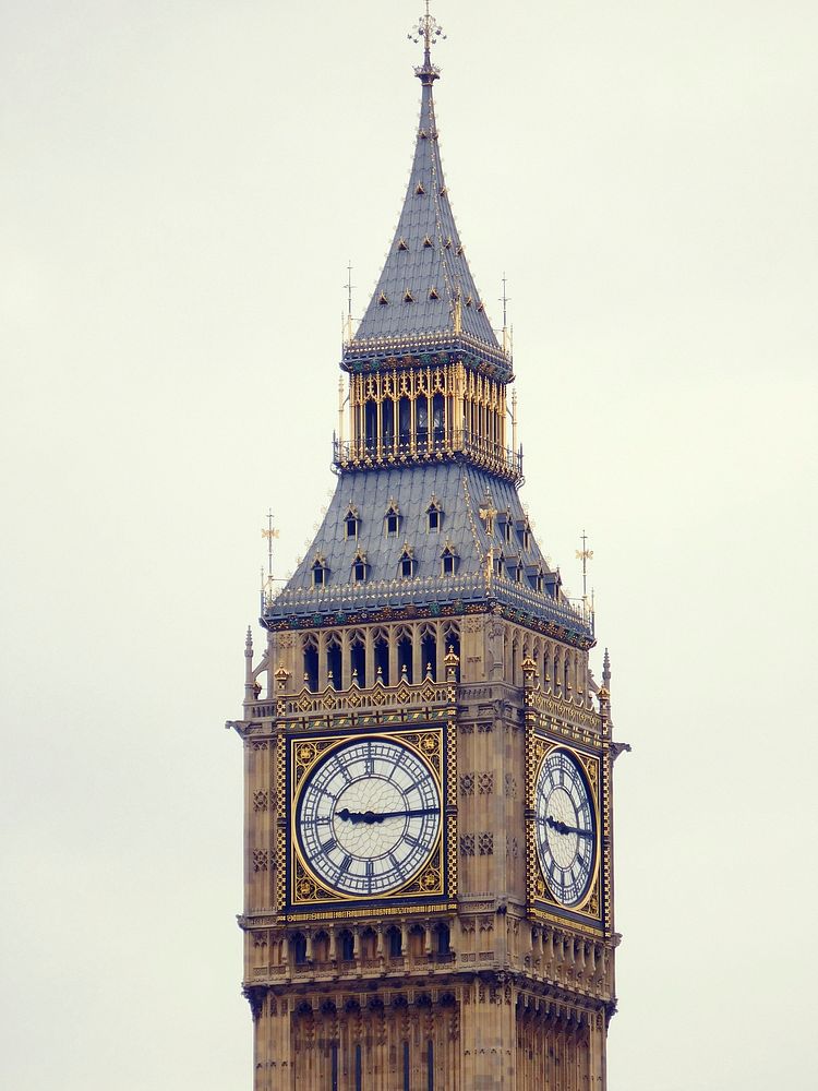 Big Ben clock tower at the north end of the Palace of Westminster in London, England. Free public domain CC0 photo.