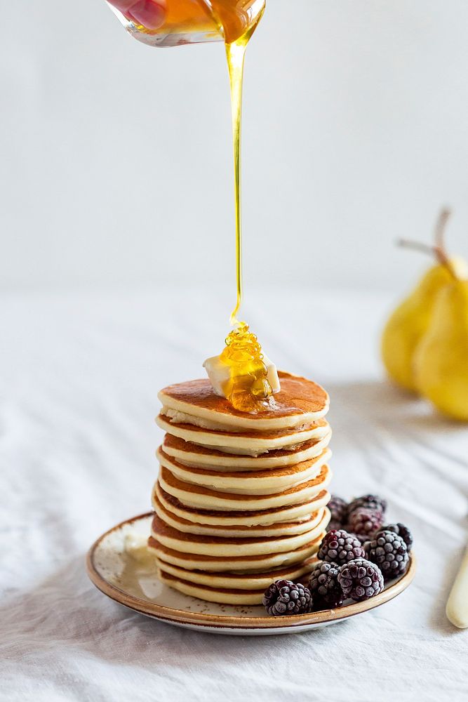 Free pancake with honey and frozen blackberries image, public domain dessert CC0 photo.