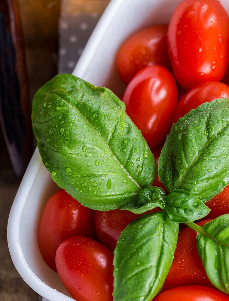 Free red cherry tomatoes close up, basil leaves in white bowl photo, public domain vegetables CC0 image.