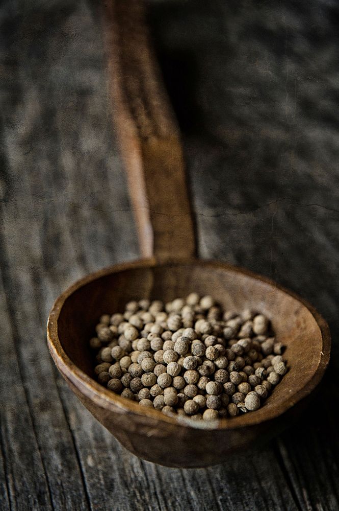 Free close up peppercorn in wooden spoon image, public domain food CC0 photo.