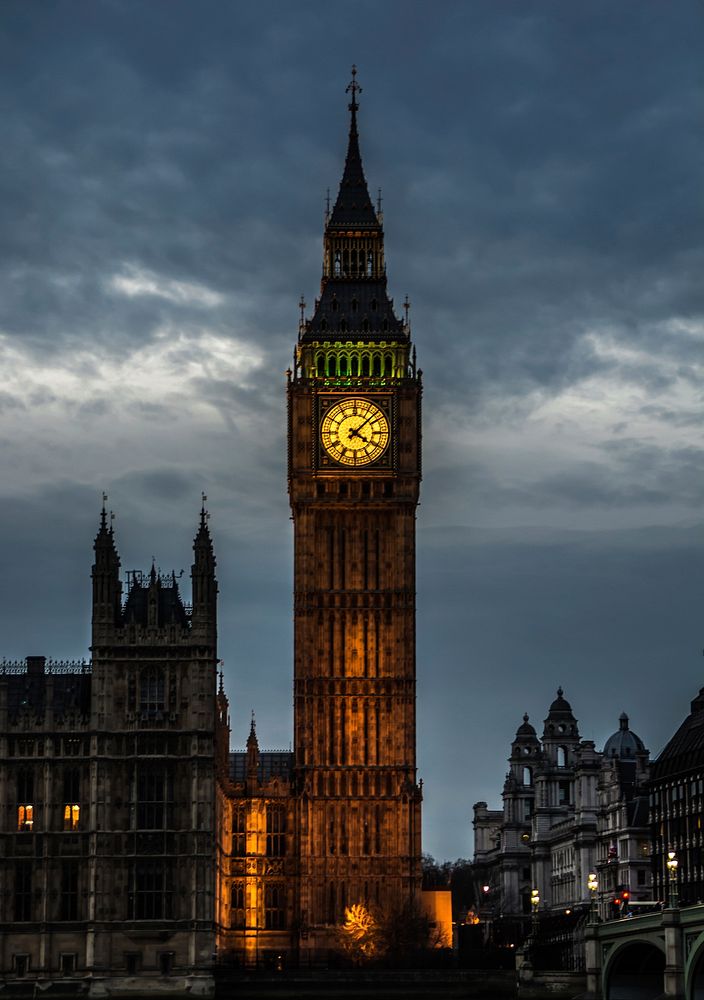 Big Ben clock tower at the north end of the Palace of Westminster in London, England. Free public domain CC0 photo.