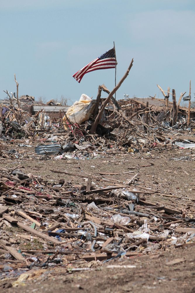 American flag in aftermath Tornado. Free public domain CC0 photo