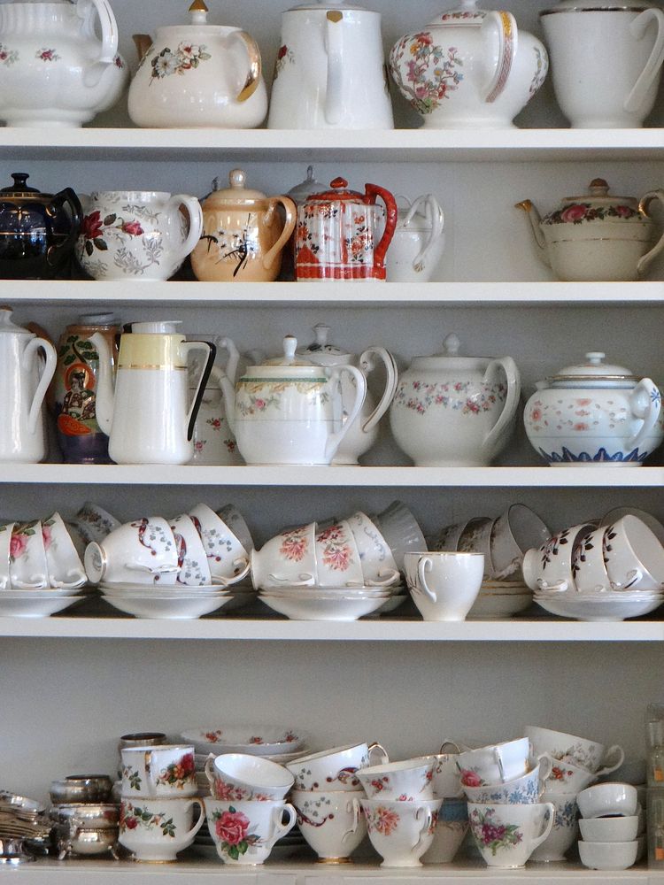 Teapots on a shelf. Free public domain CC0 photo