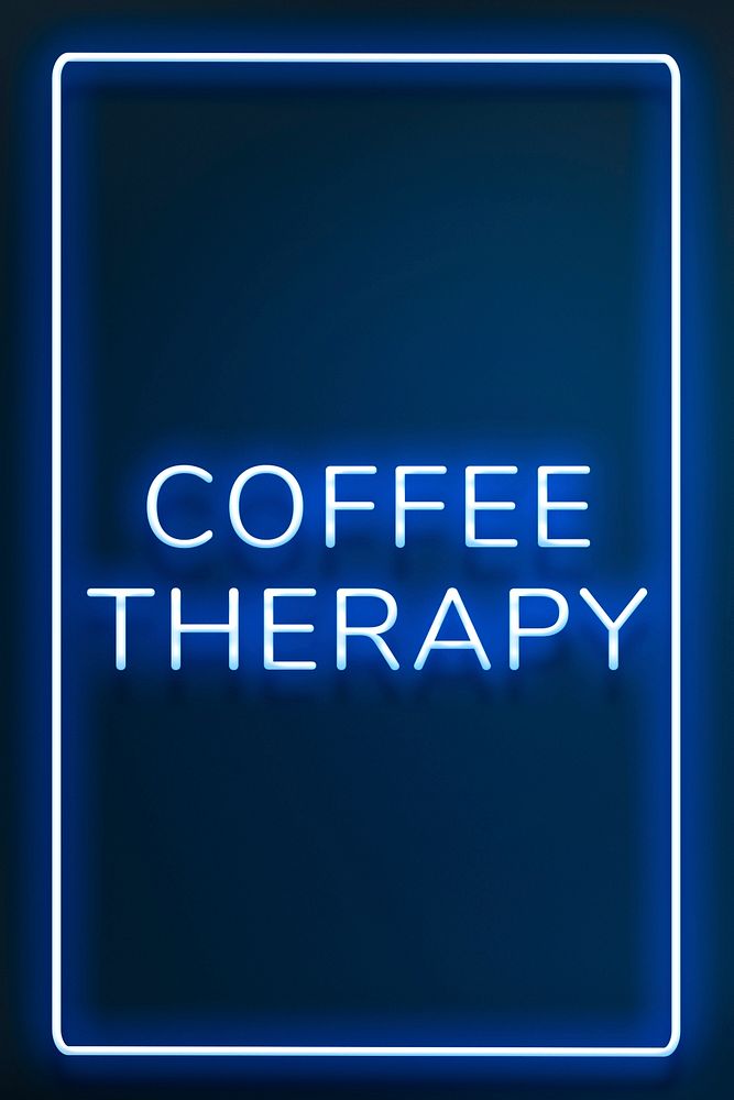 Blue neon coffee therapy text framed