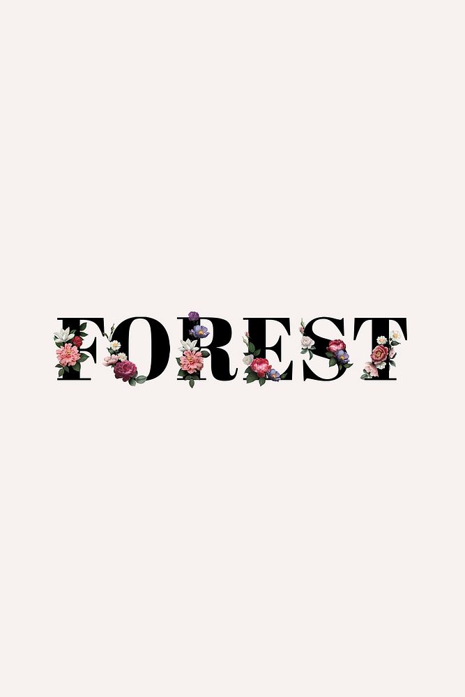 Floral forest word typography on a beige banner