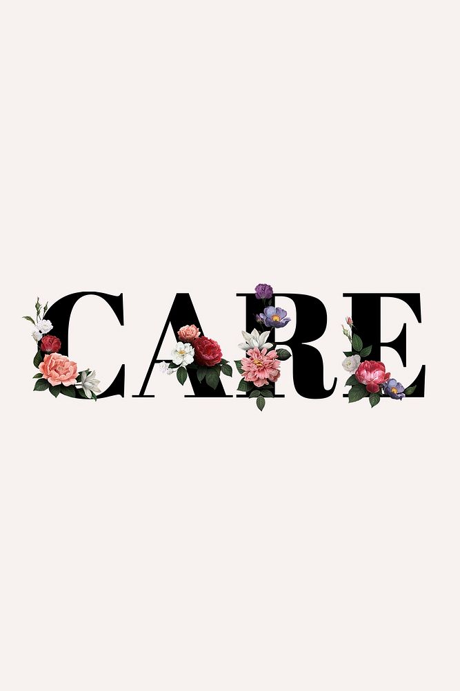 Floral care word typography on a beige banner