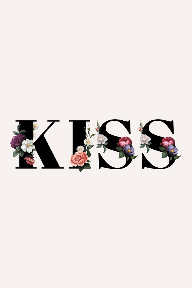 Floral kiss word typography on a beige banner