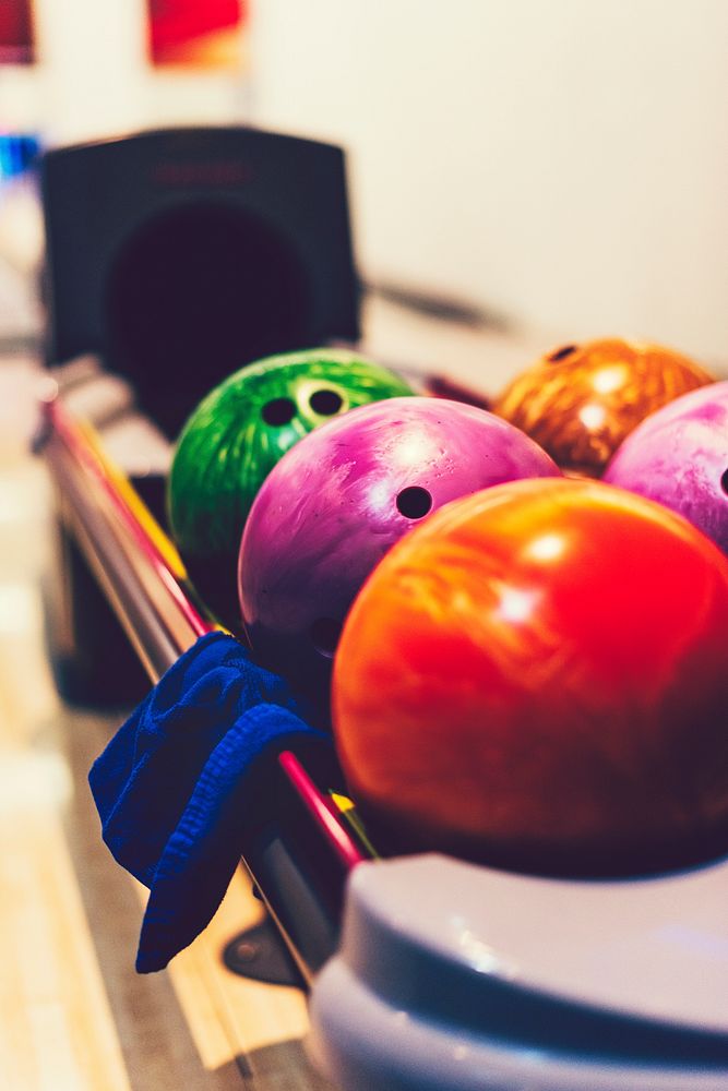 Colorful bowling balls at a bowling alley