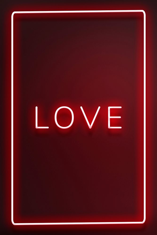 Glowing LOVE neon typography on a red background