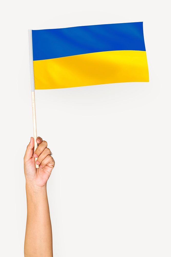 Flag of Ukraine in hand collage element, isolated hand & object psd