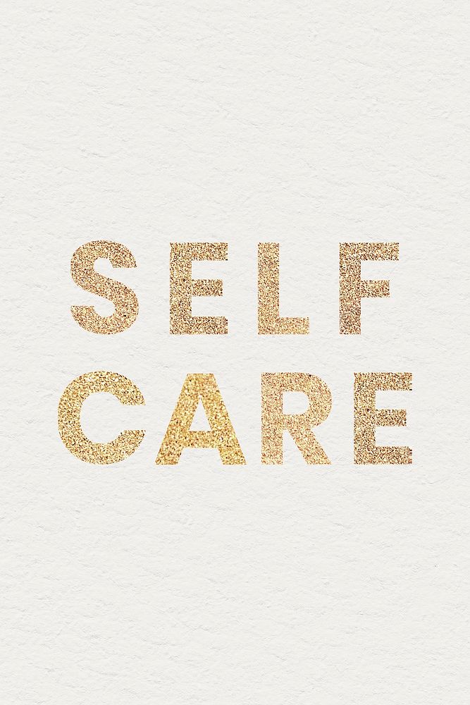 Glittery self care typography on a beige social template background