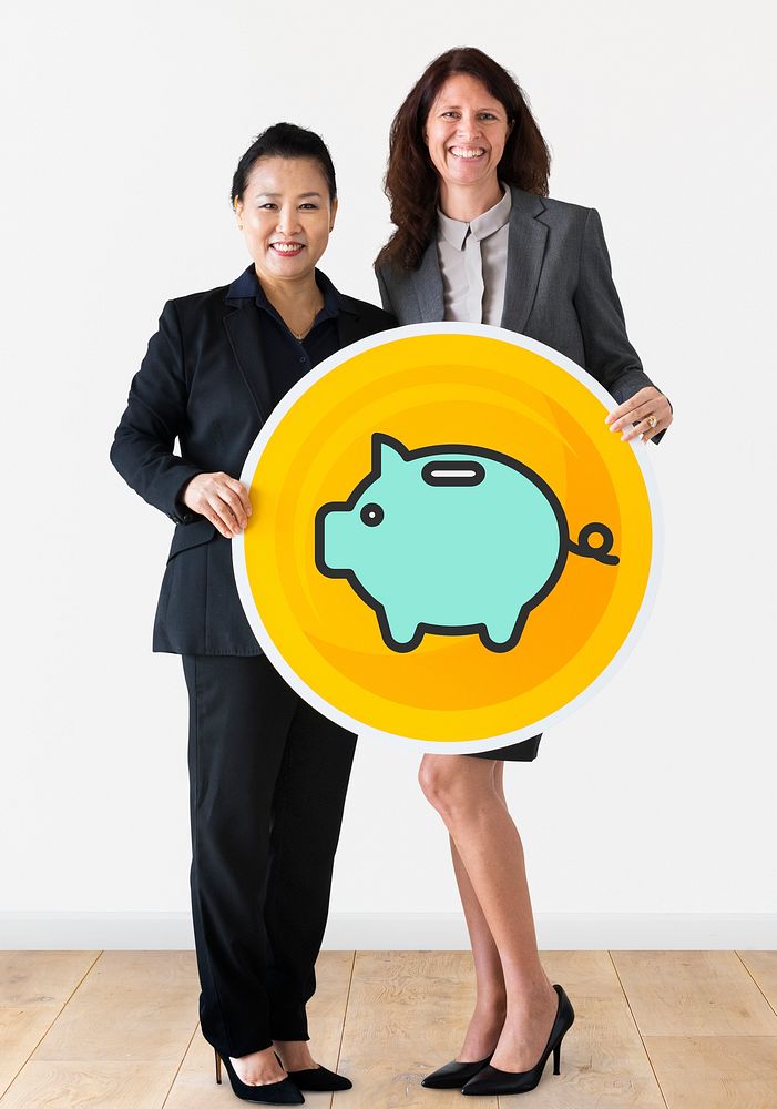 Businesswomen holding a piggy bank icon