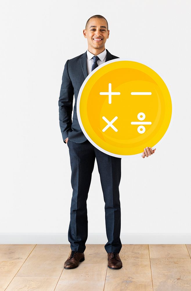 Business man holding calculation symbols icon