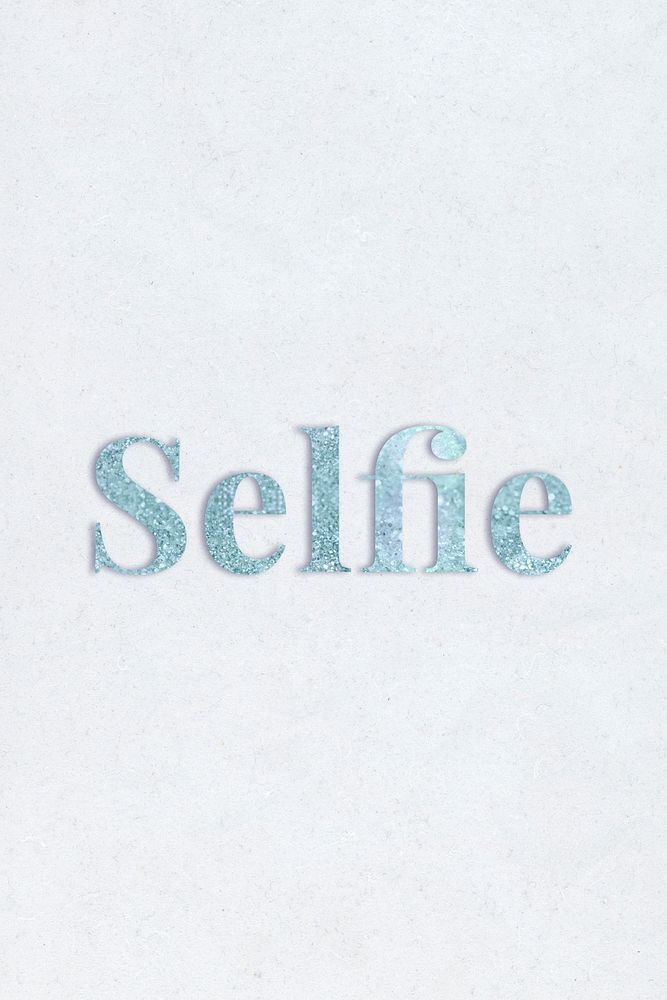 Selfie light blue glitter typography on a blue background