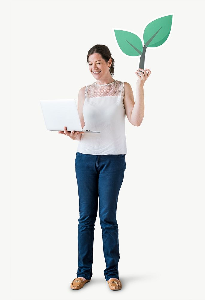 Woman holding a plant icon and using a laptop