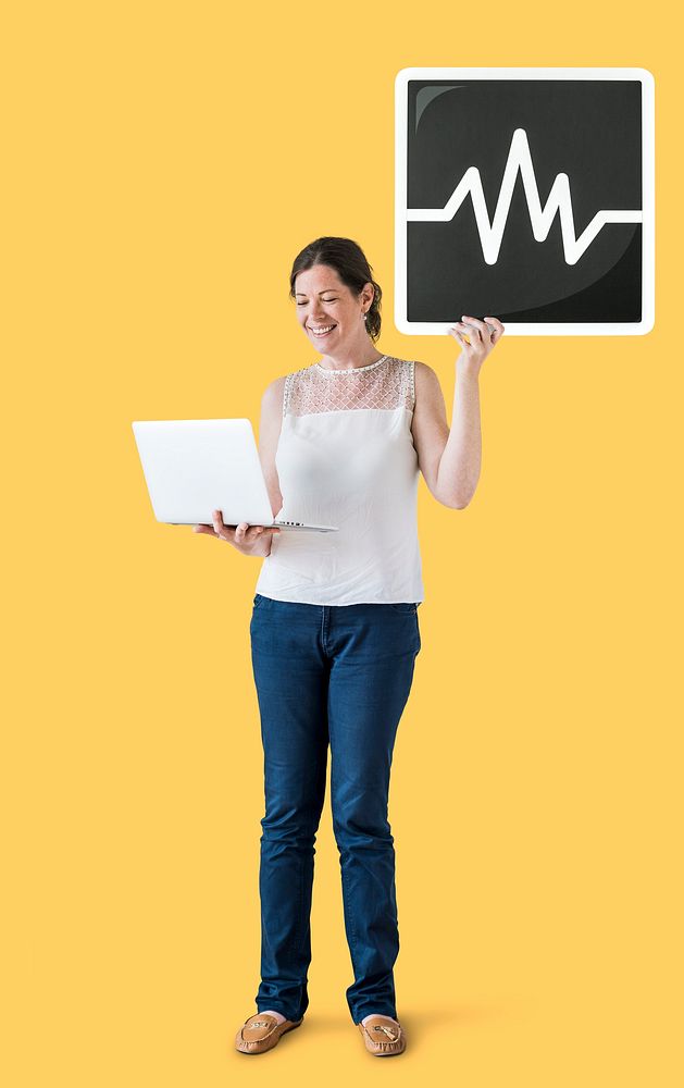 Woman holding a frequency icon and a laptop