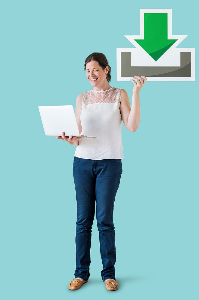 Woman holding a download icon and a laptop