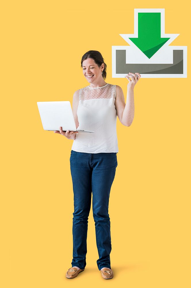 Woman holding a download icon and a laptop