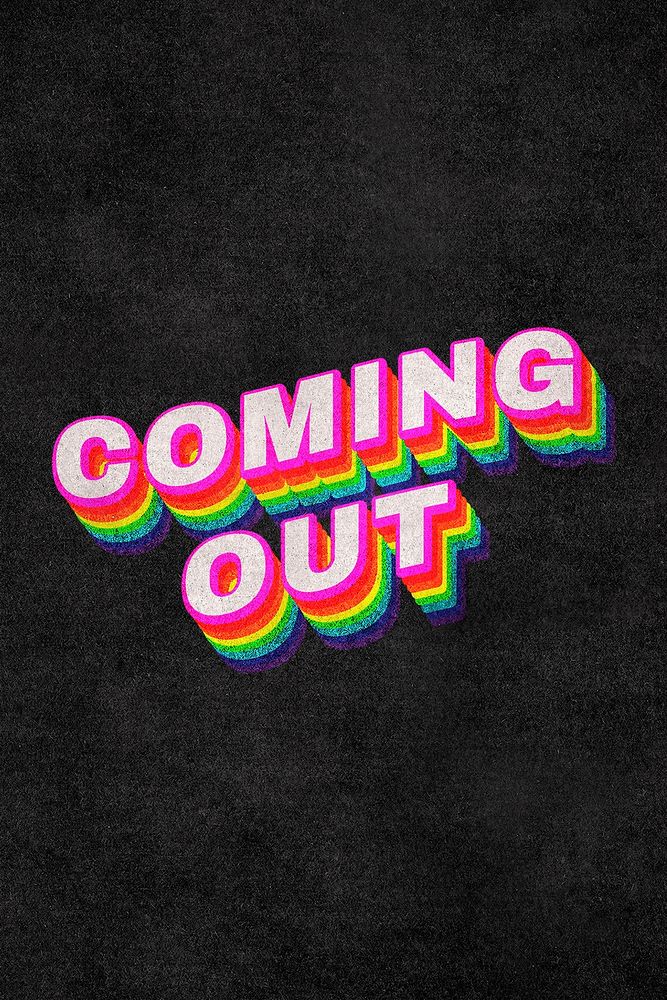COMING OUT rainbow word typography on black background