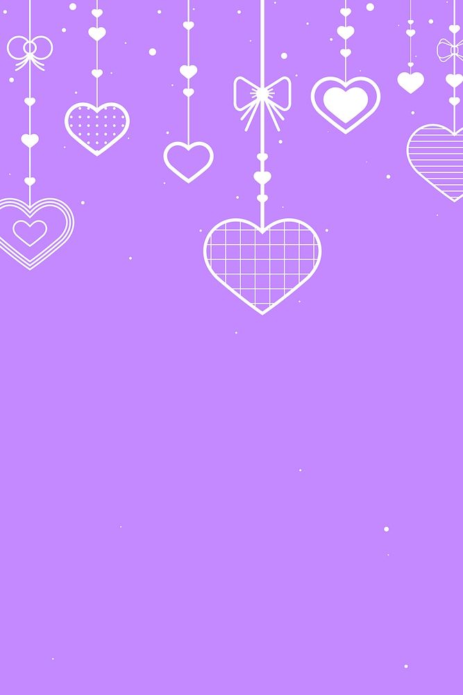 Hanging hearts lilac background copy space